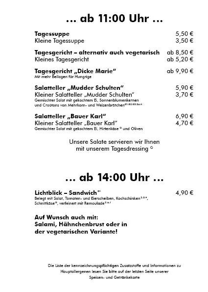 Speisekarte, Café & Restaurant Lichtblick