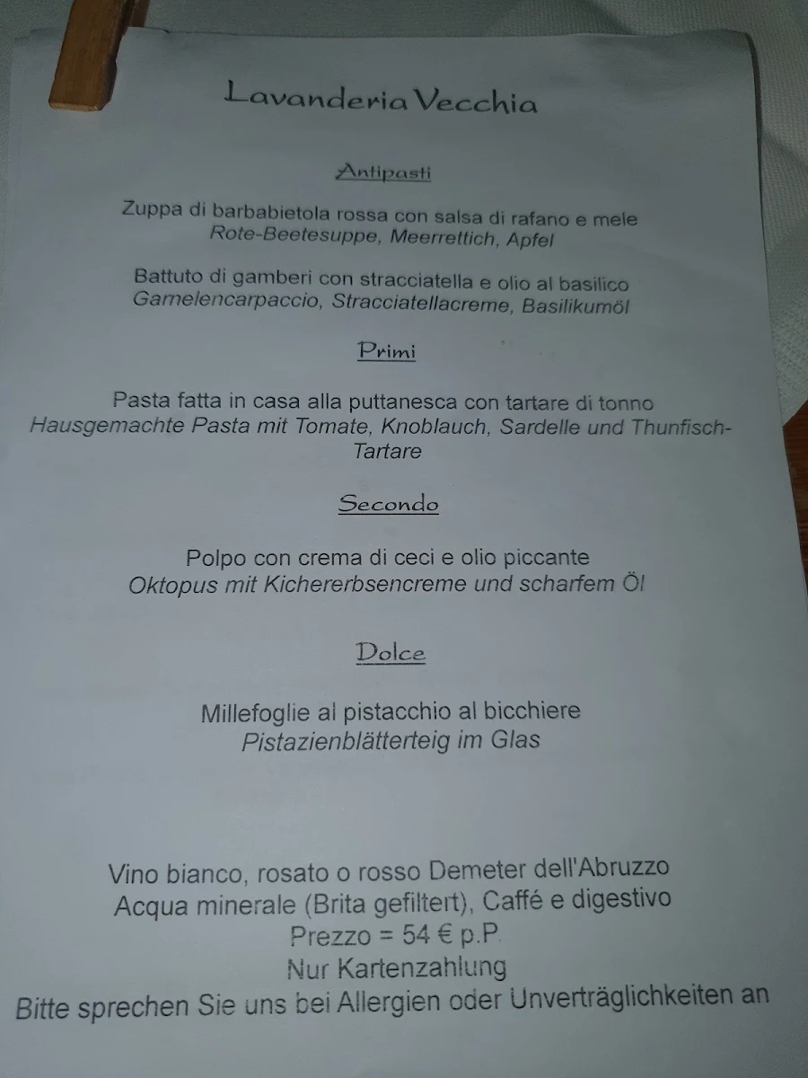 Speisekarte, Lavanderia Vecchia