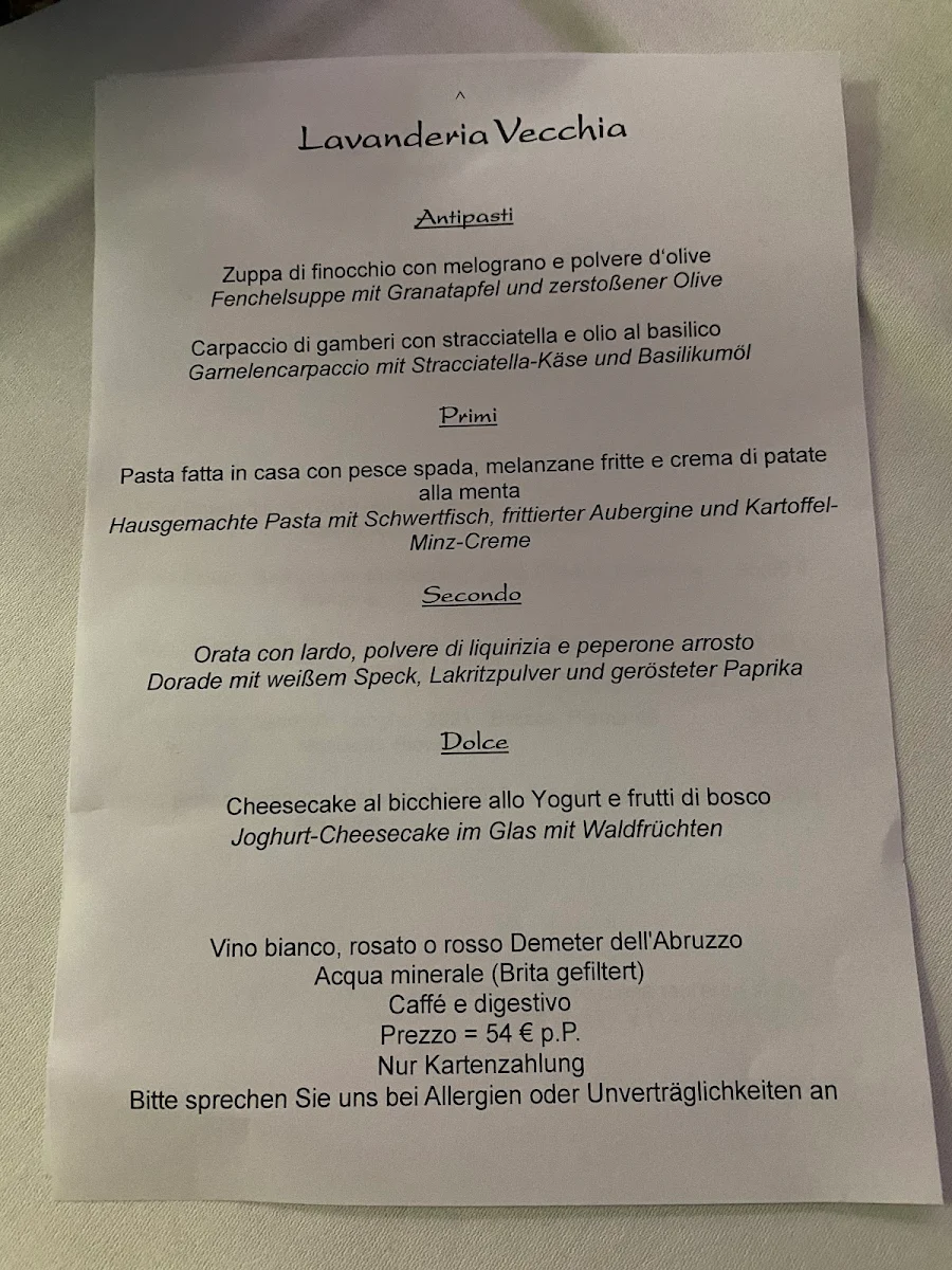 Speisekarte, Lavanderia Vecchia
