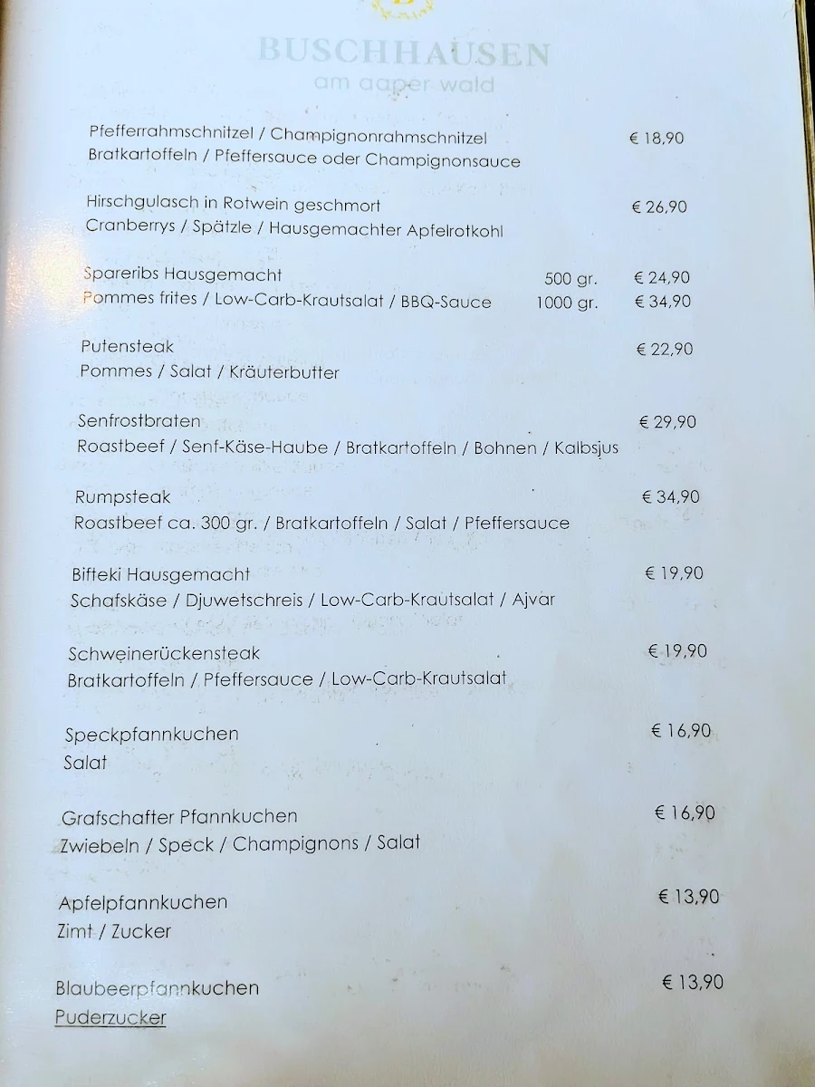 Speisekarte, Buschhausen am Aaper Wald
