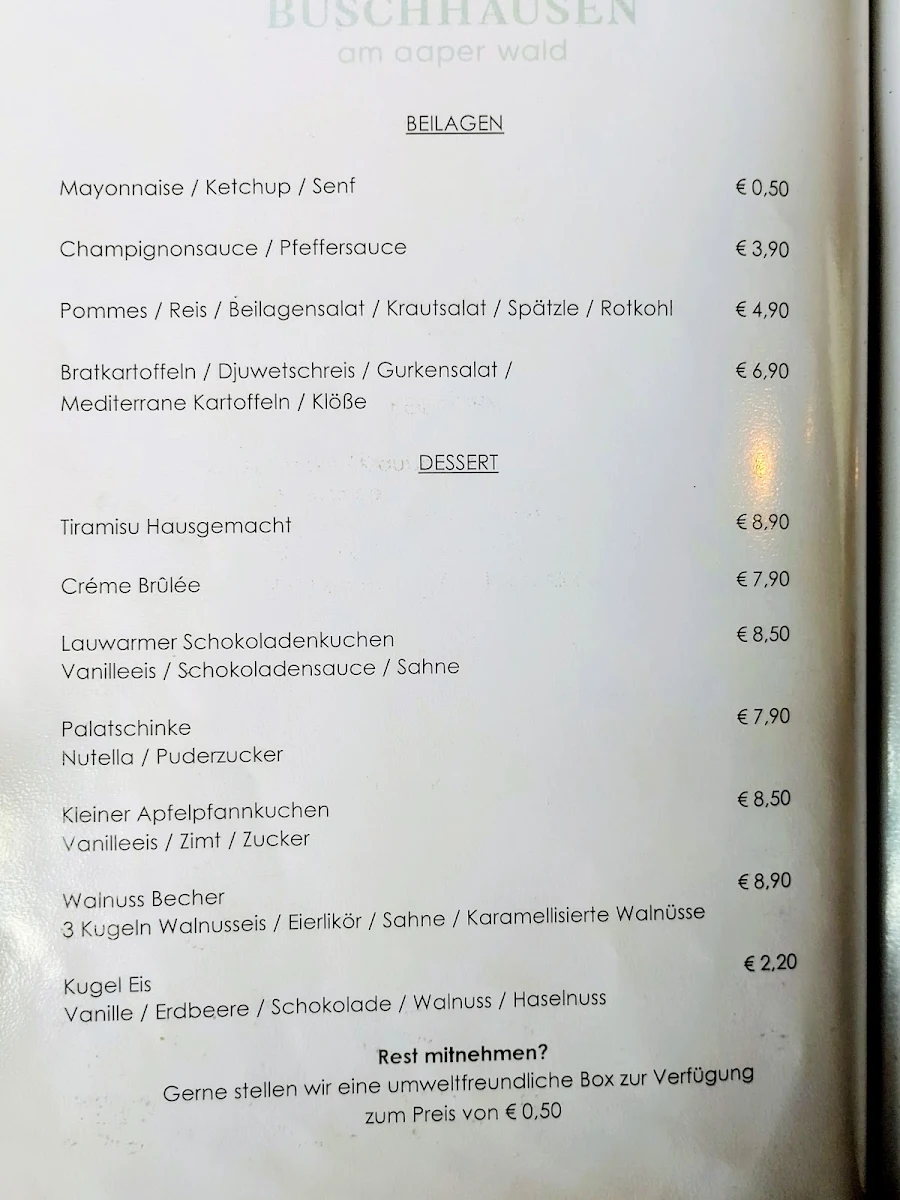 Speisekarte, Buschhausen am Aaper Wald