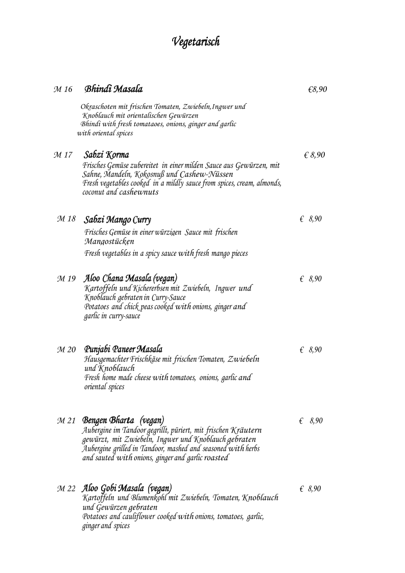 Speisekarte, Punjab Tandoori
