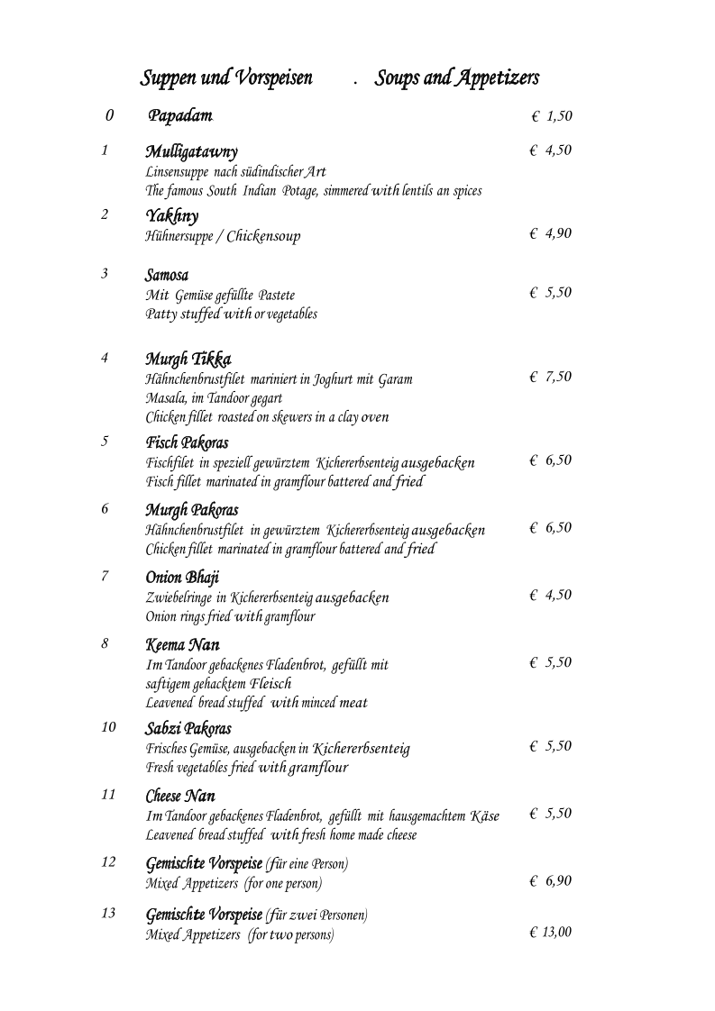 Speisekarte, Punjab Tandoori
