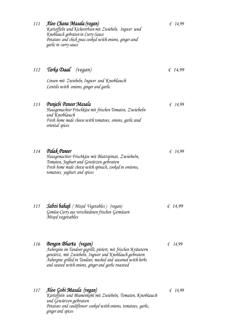 Speisekarte, Punjab Tandoori