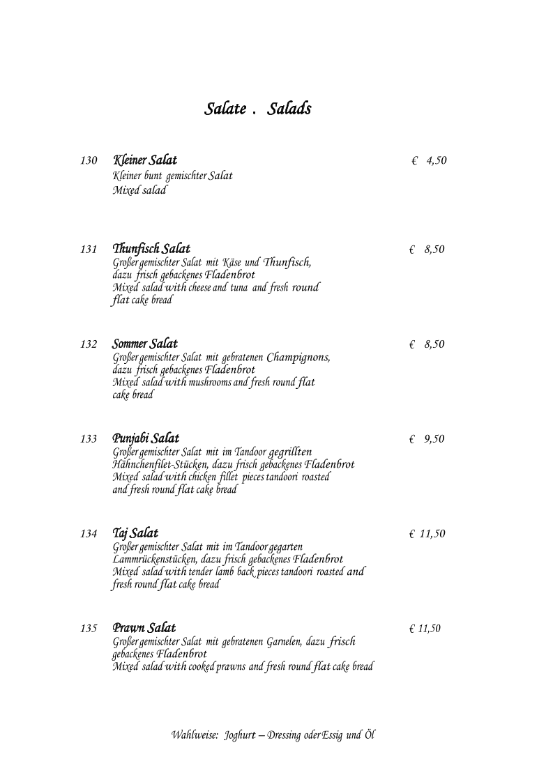 Speisekarte, Punjab Tandoori