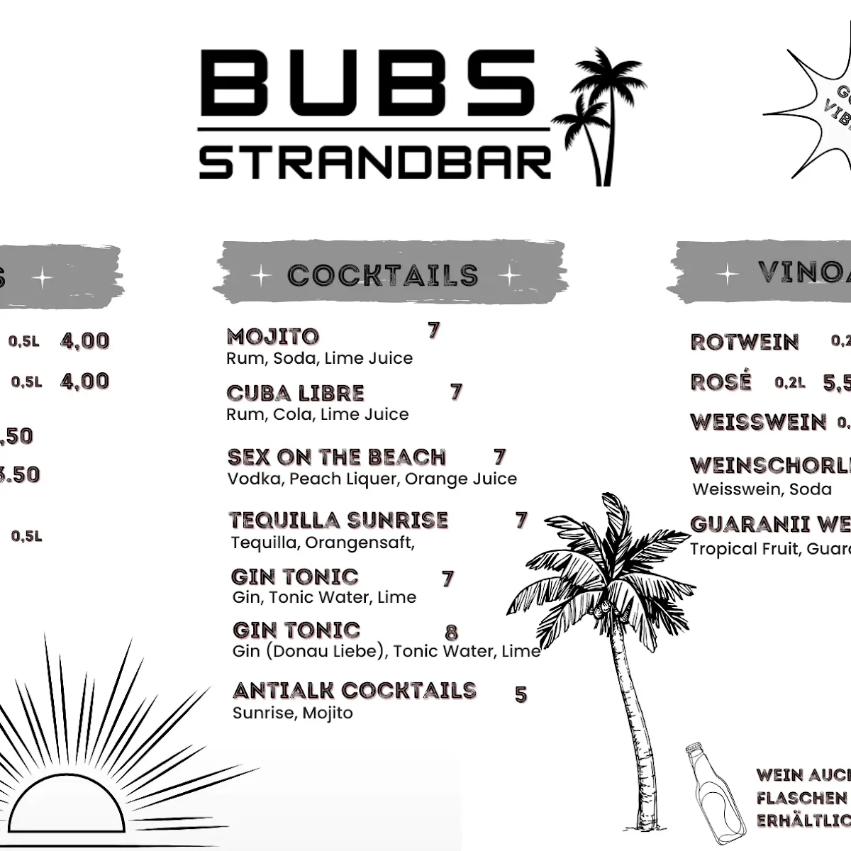 Speisekarte, BUBS Strandbar