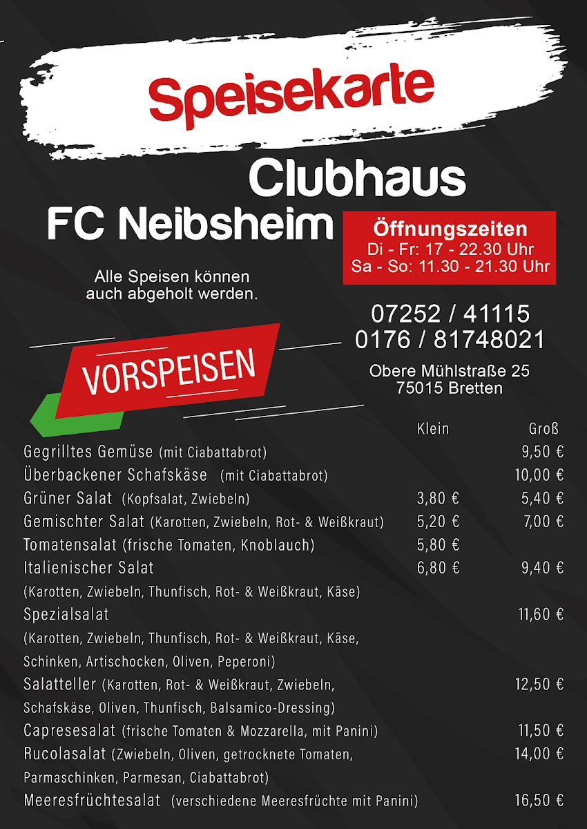 Speisekarte, FC Neibsheim Clubhaus