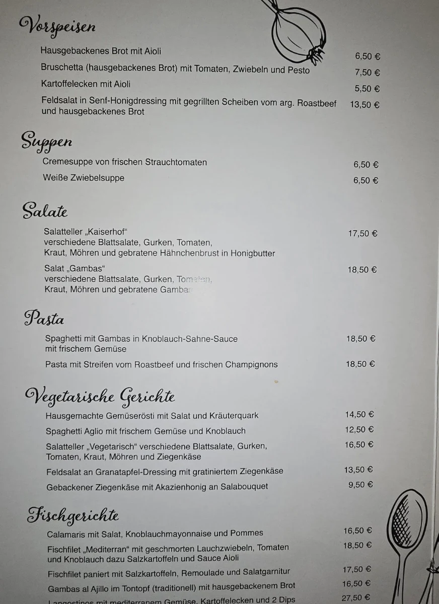 Speisekarte, Restaurant Kaiserhof bei Sandra und Dirk und Vest im Revier GmbH