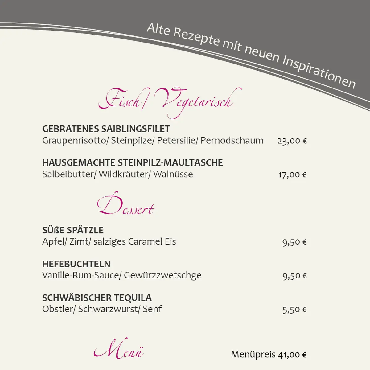 Speisekarte, Restaurant im Hofgut