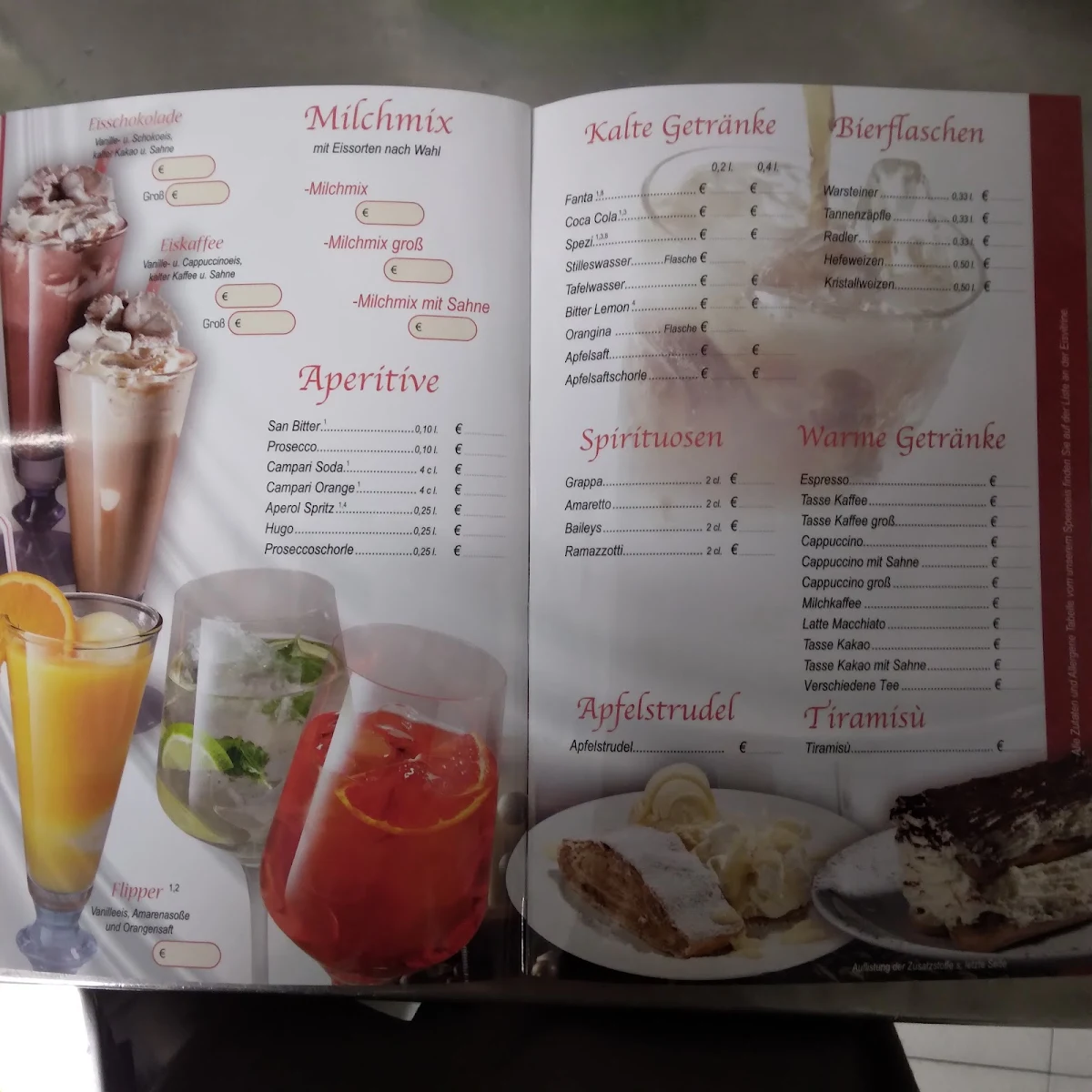 Speisekarte, Eiscafé Pinnocchio