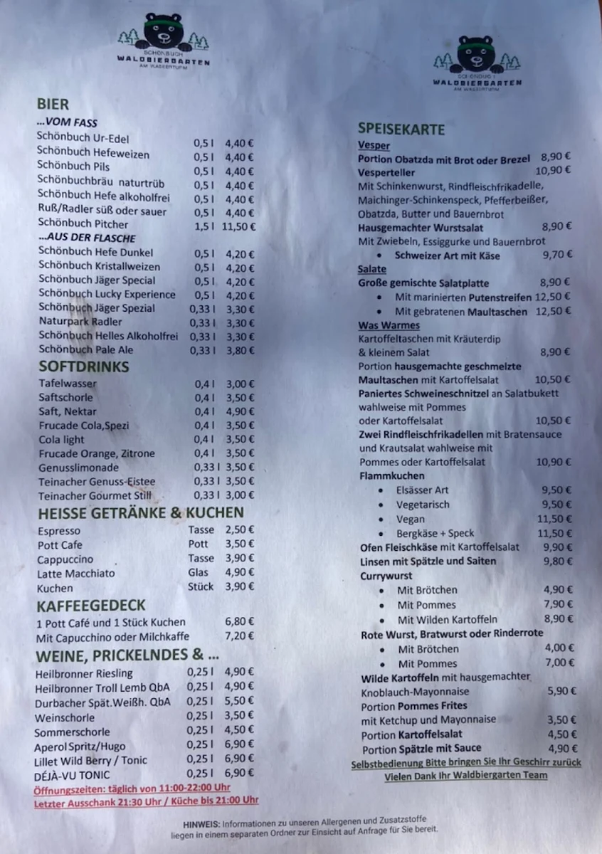 Speisekarte, Waldbiergarten am Wasserturm