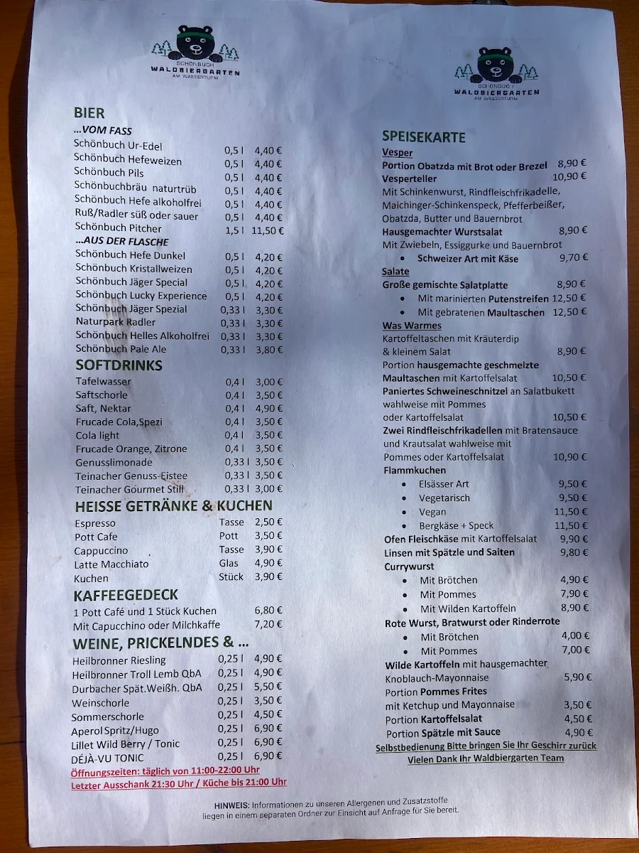 Speisekarte, Waldbiergarten am Wasserturm