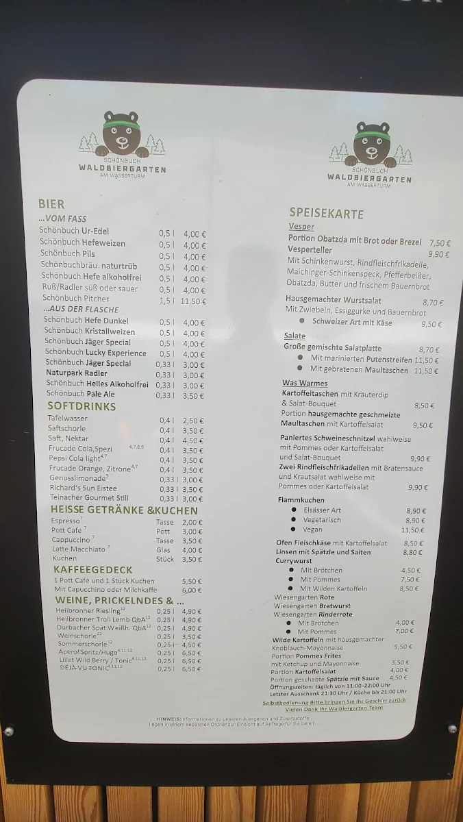 Speisekarte, Waldbiergarten am Wasserturm