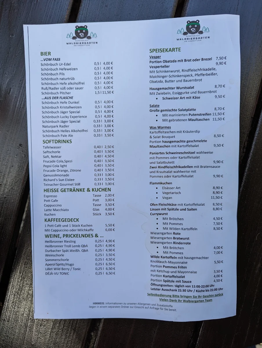 Speisekarte, Waldbiergarten am Wasserturm