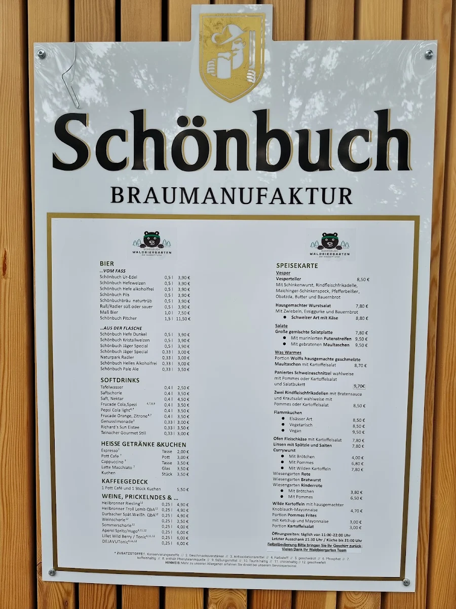 Speisekarte, Waldbiergarten am Wasserturm