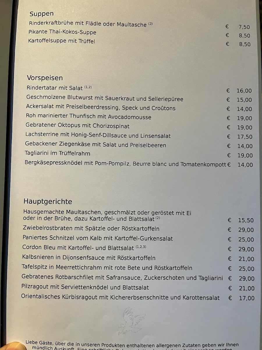 Speisekarte, Goldener Adler
