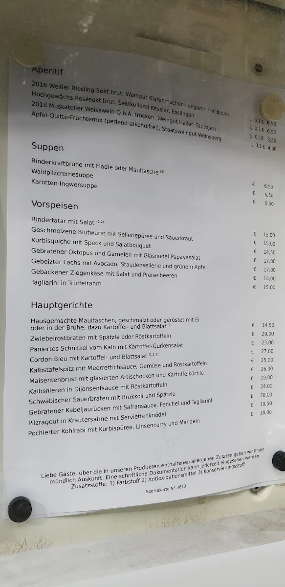 Speisekarte, Goldener Adler