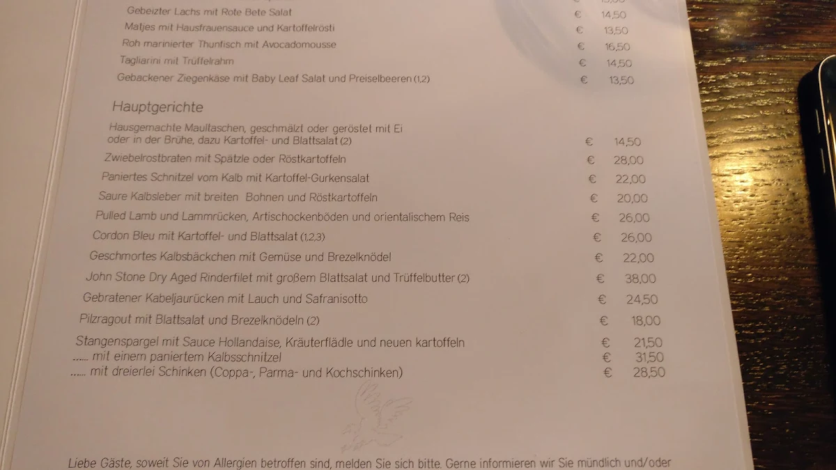 Speisekarte, Goldener Adler