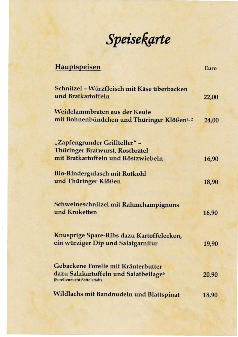 Speisekarte, Gasthof Zapfengrund UG Pension-Ferienhof-Heuhotel