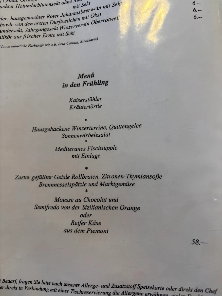 Speisekarte, Gasthaus zum Kaiserstuhl - Lothar Koch