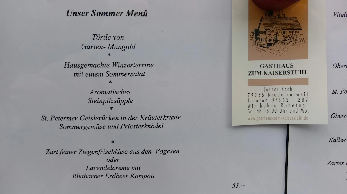 Speisekarte, Gasthaus zum Kaiserstuhl - Lothar Koch