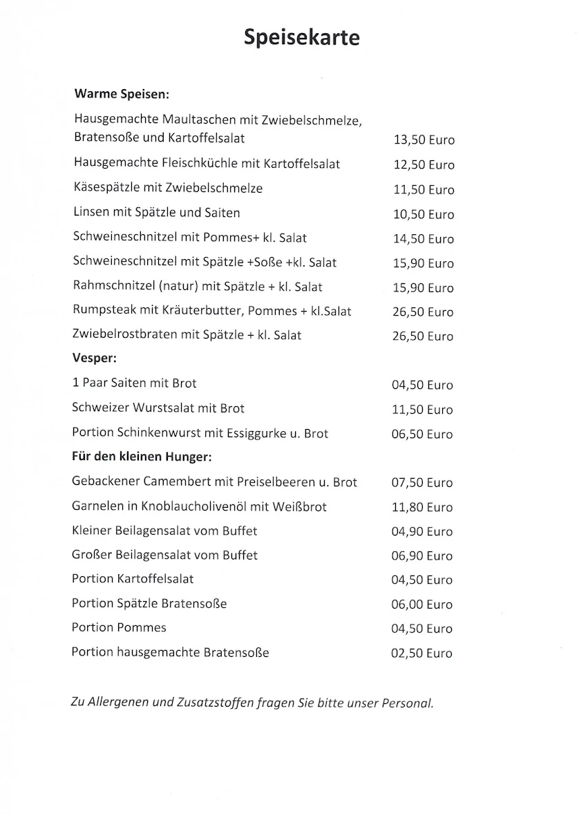 Speisekarte, Gaststätte SSC