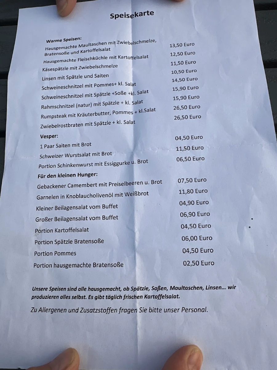Speisekarte, Gaststätte SSC