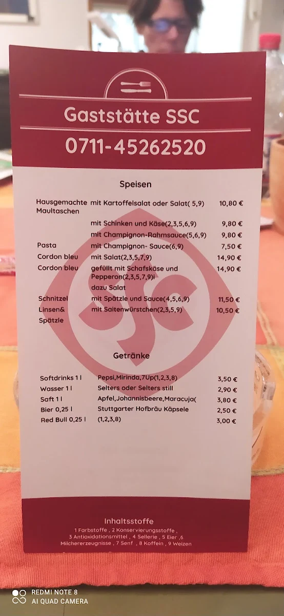 Speisekarte, Gaststätte SSC