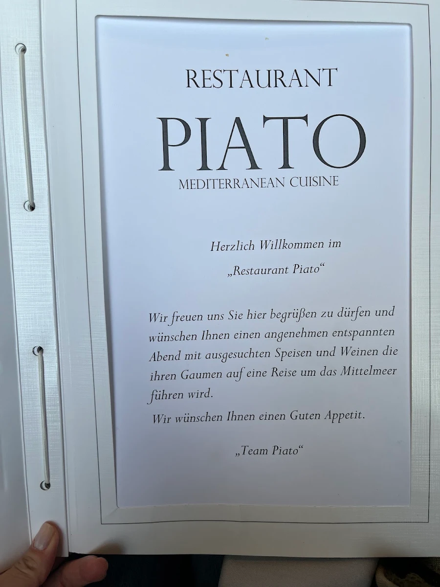 Speisekarte, Restaurant Piato Mediterranean Cuisine