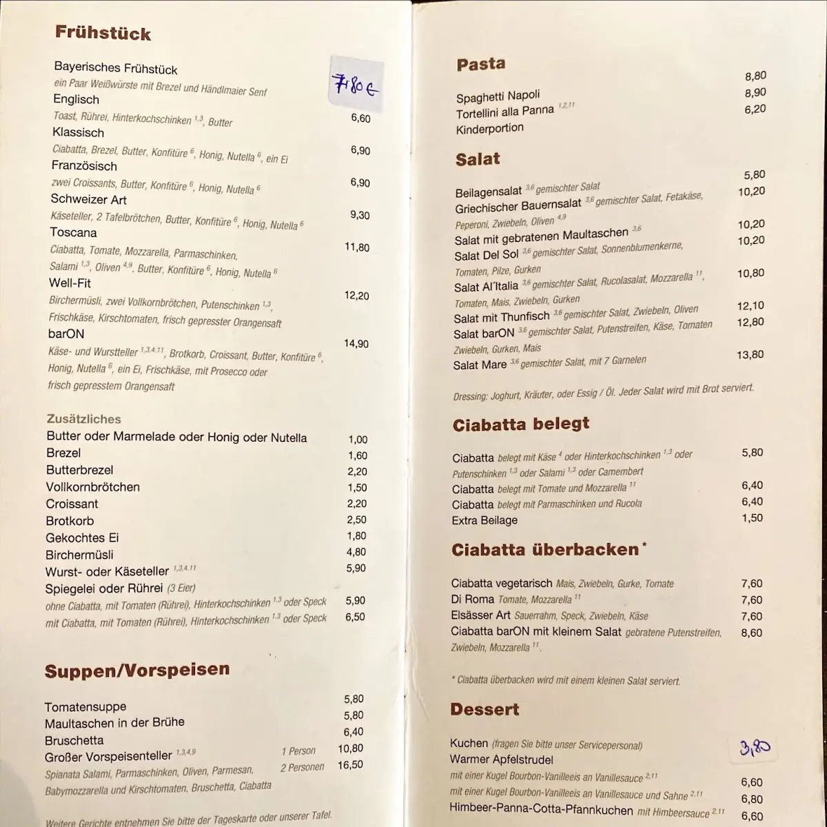 Speisekarte, BarOn - Bistro - Cafe - Bar