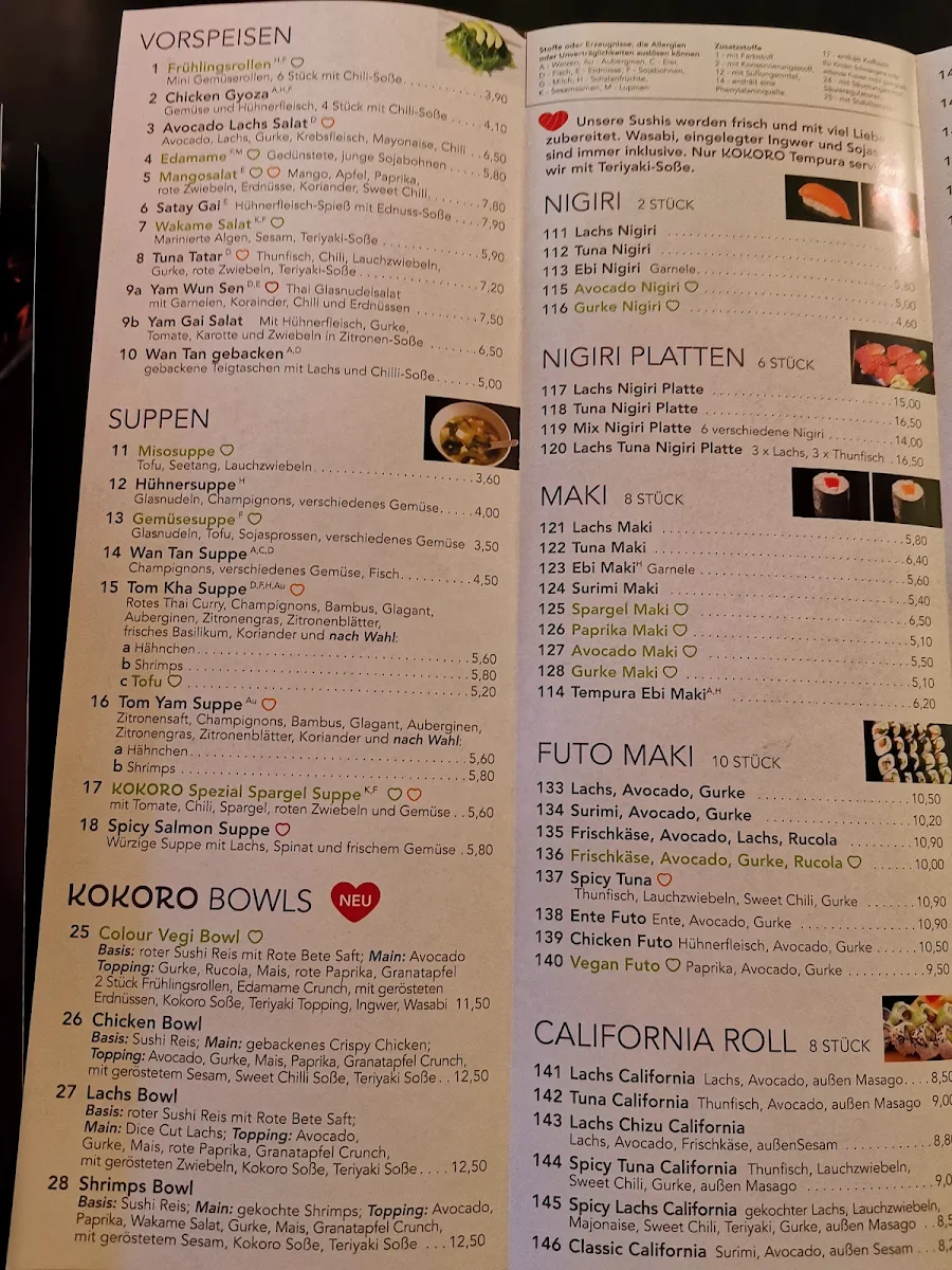 Speisekarte, Kokoro Sushi & Asia Restaurant