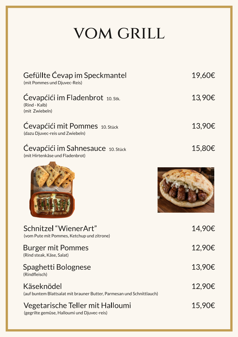 Speisekarte, Grillhaus Starnbräu