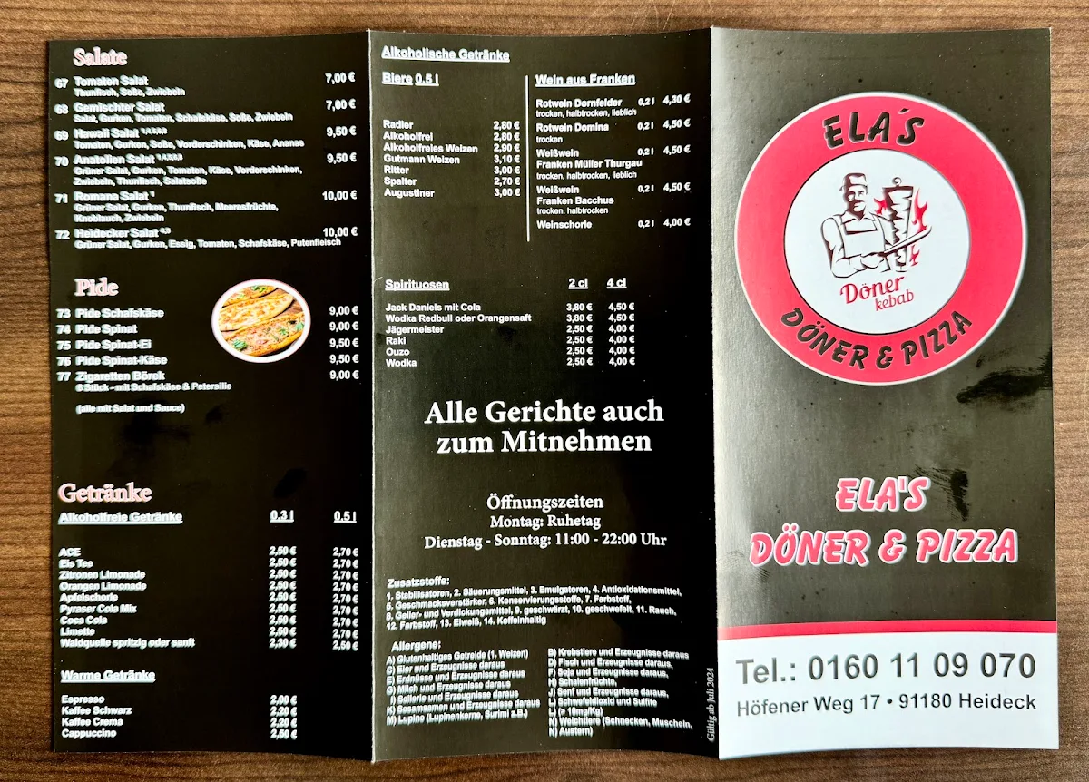 Speisekarte, Ela's Döner Pizza