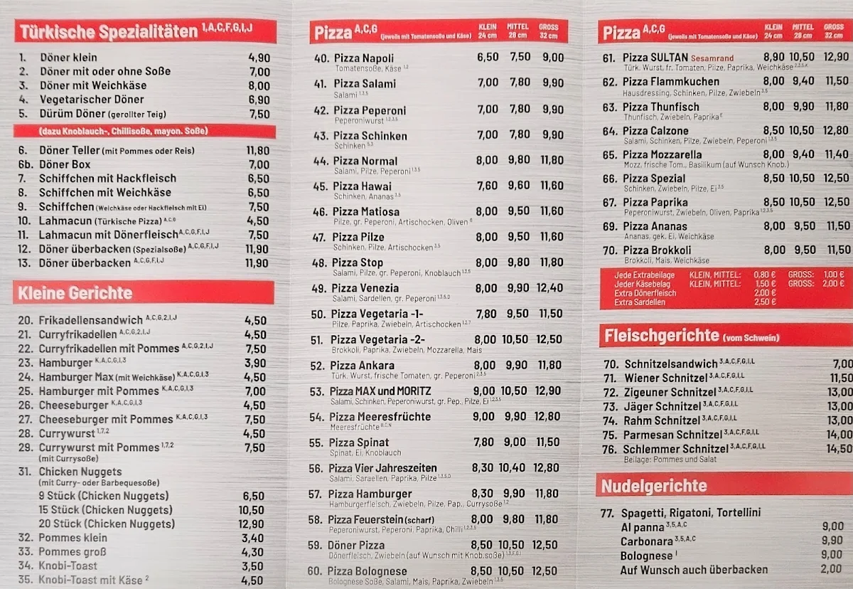 Speisekarte, Max und Moritz Imbiss