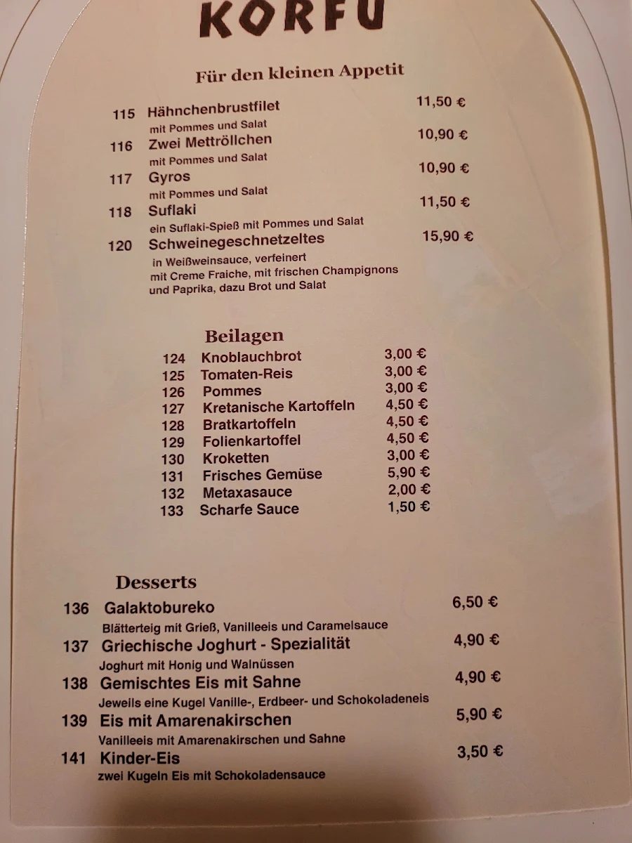 Speisekarte, Restaurant Korfu in Langenhagen