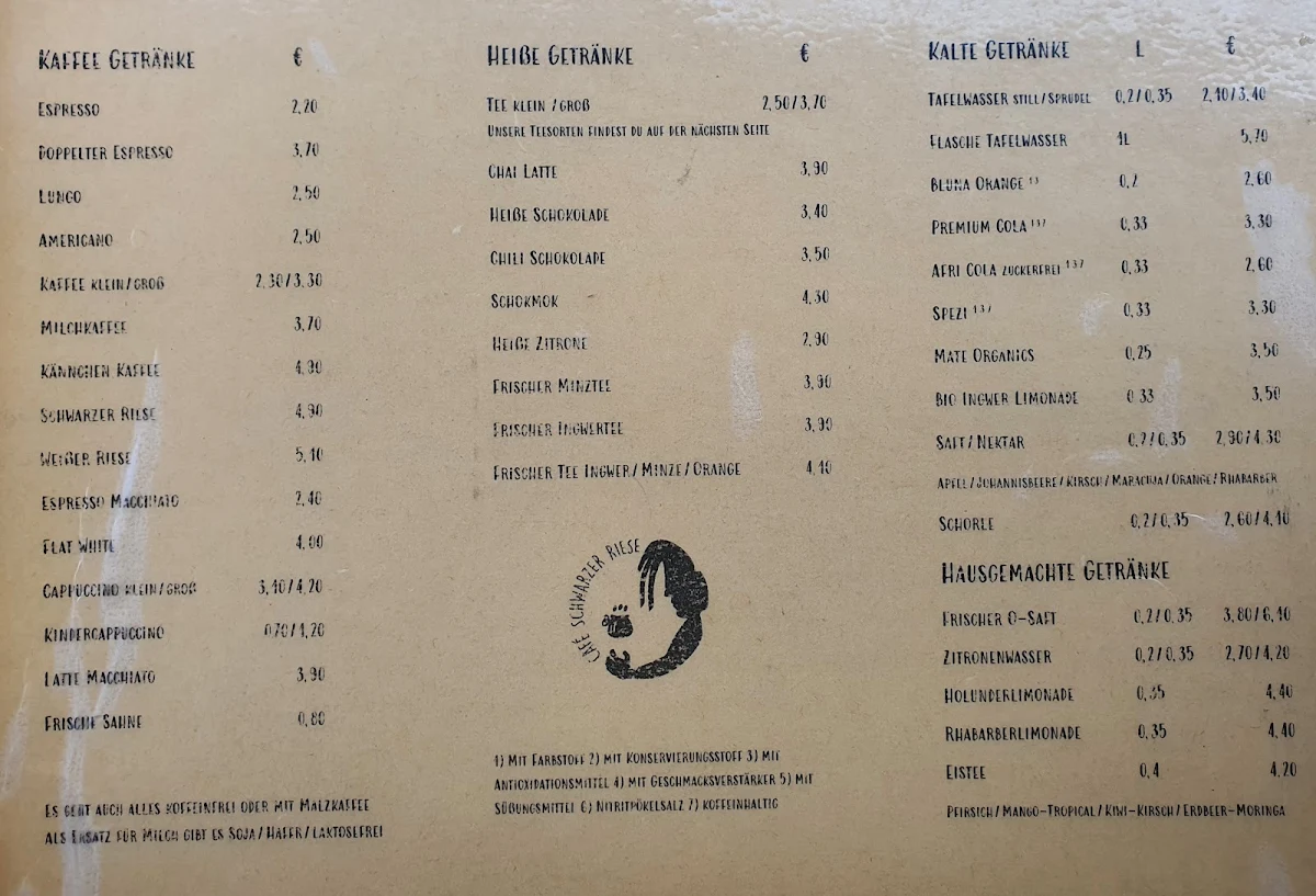 Speisekarte, Café Schwarzer Riese