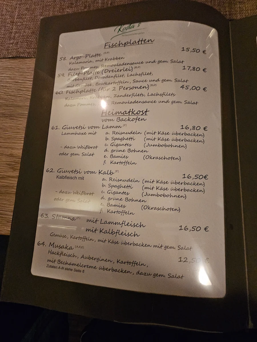 Speisekarte, Kostas Restaurant & Biergarten