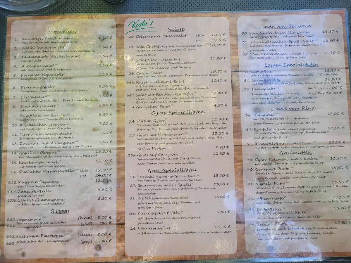 Speisekarte, Kostas Restaurant & Biergarten