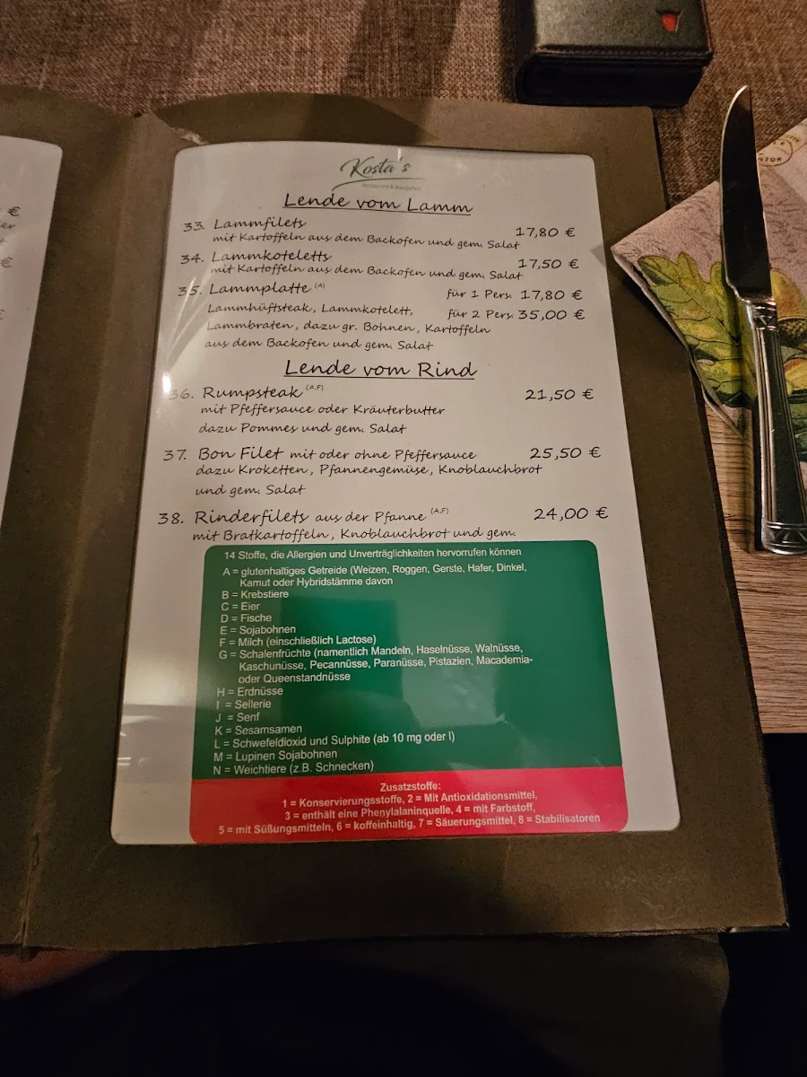 Speisekarte, Kostas Restaurant & Biergarten