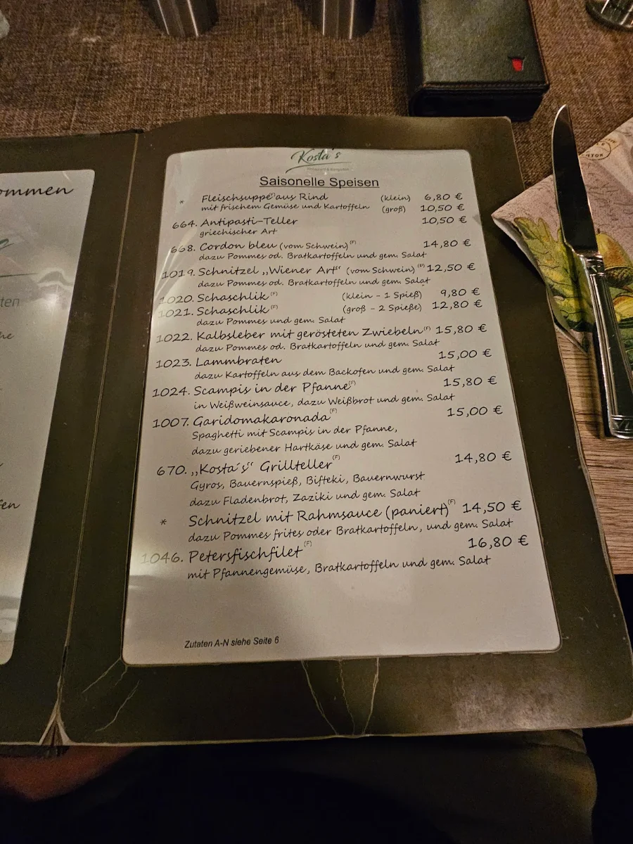 Speisekarte, Kostas Restaurant & Biergarten
