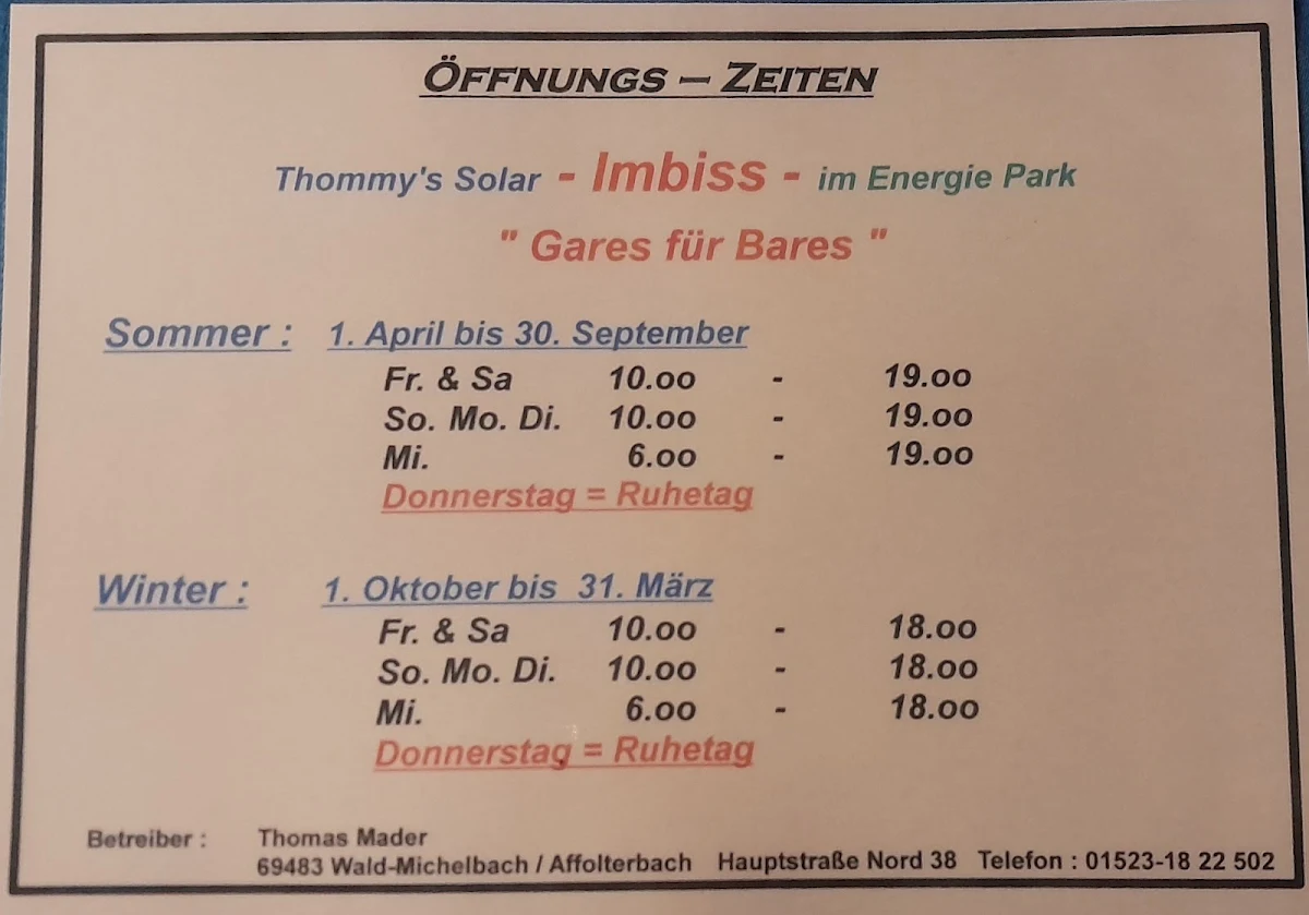 Speisekarte, Thommy's Solar Imbiss