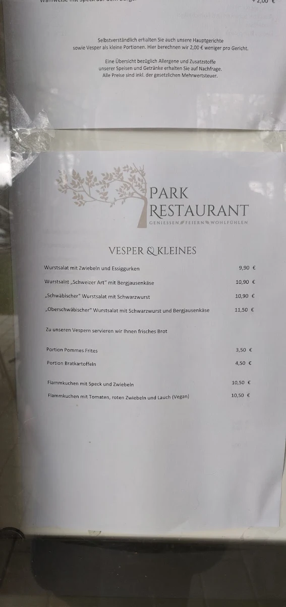 Speisekarte, Parkrestaurant Neuhausen ob Eck