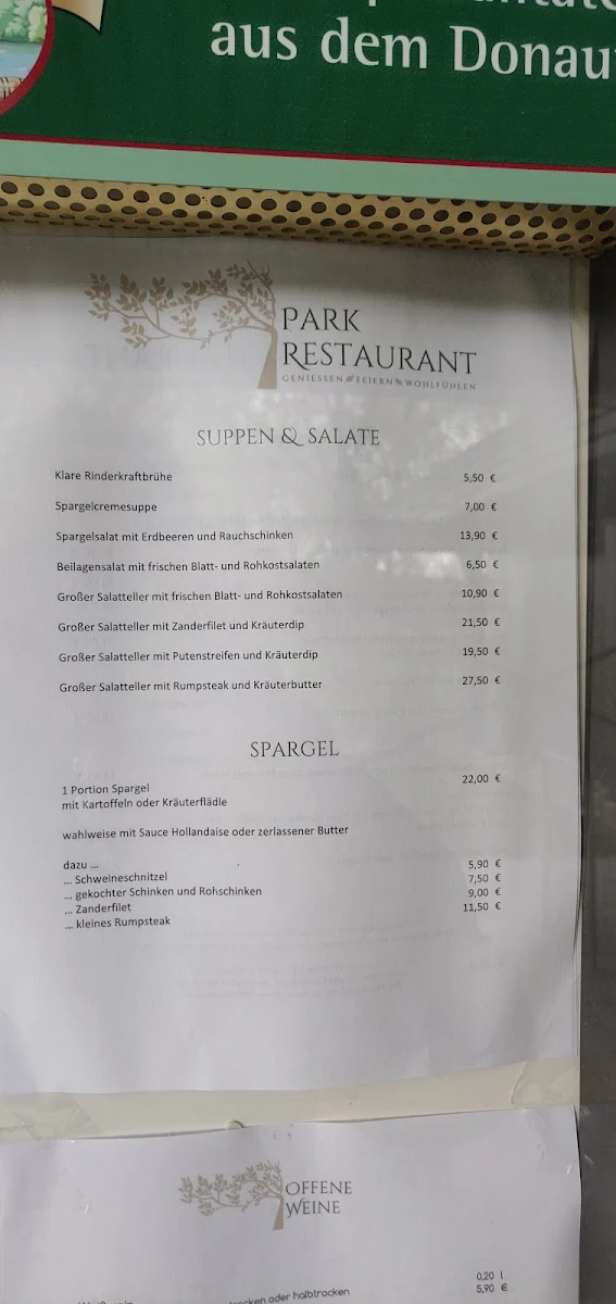 Speisekarte, Parkrestaurant Neuhausen ob Eck