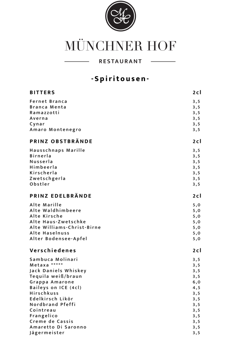 Speisekarte, Restaurant Münchner Hof