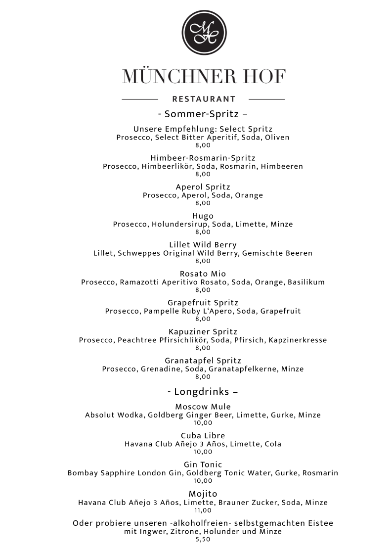 Speisekarte, Restaurant Münchner Hof