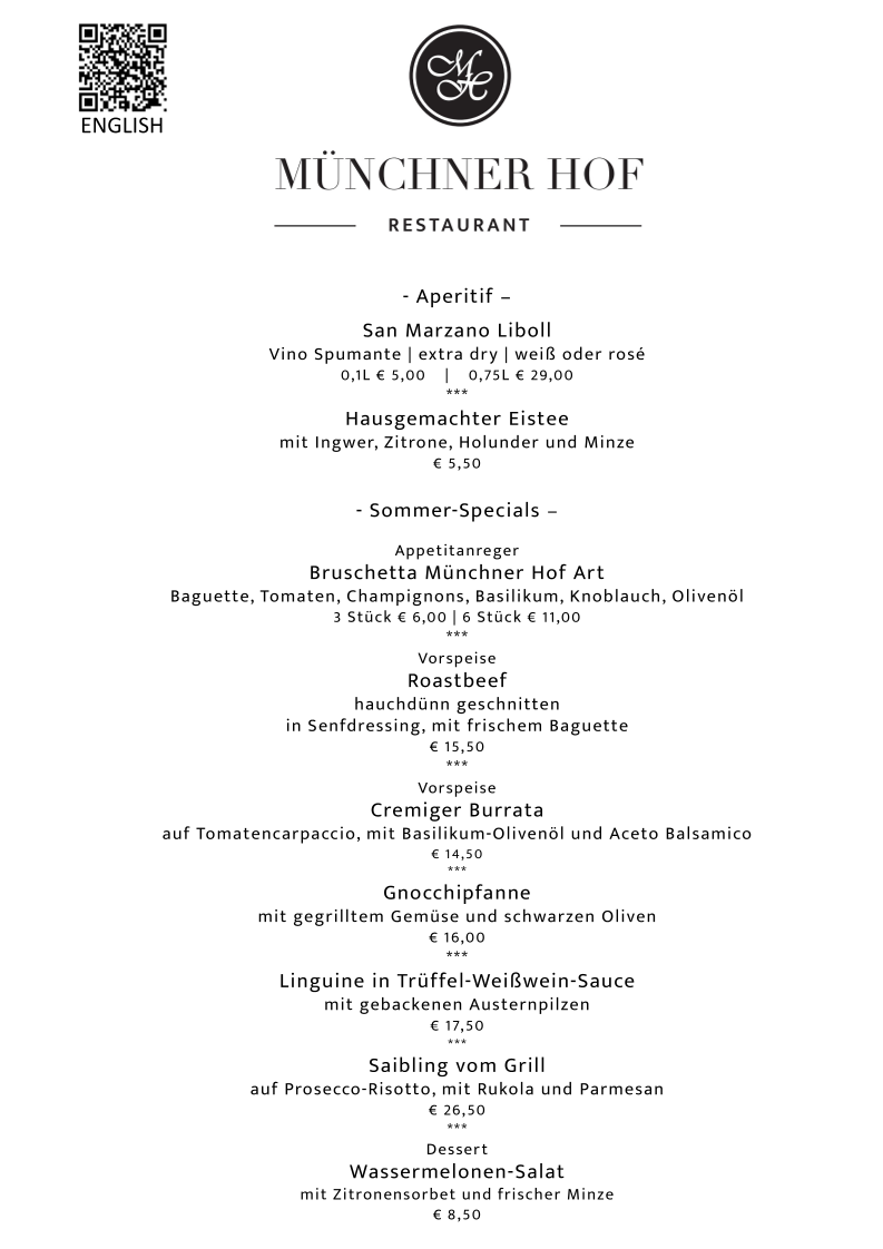 Speisekarte, Restaurant Münchner Hof