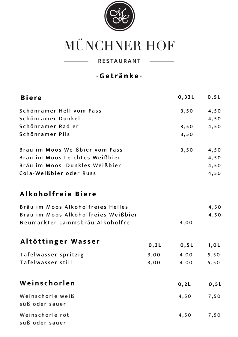 Speisekarte, Restaurant Münchner Hof