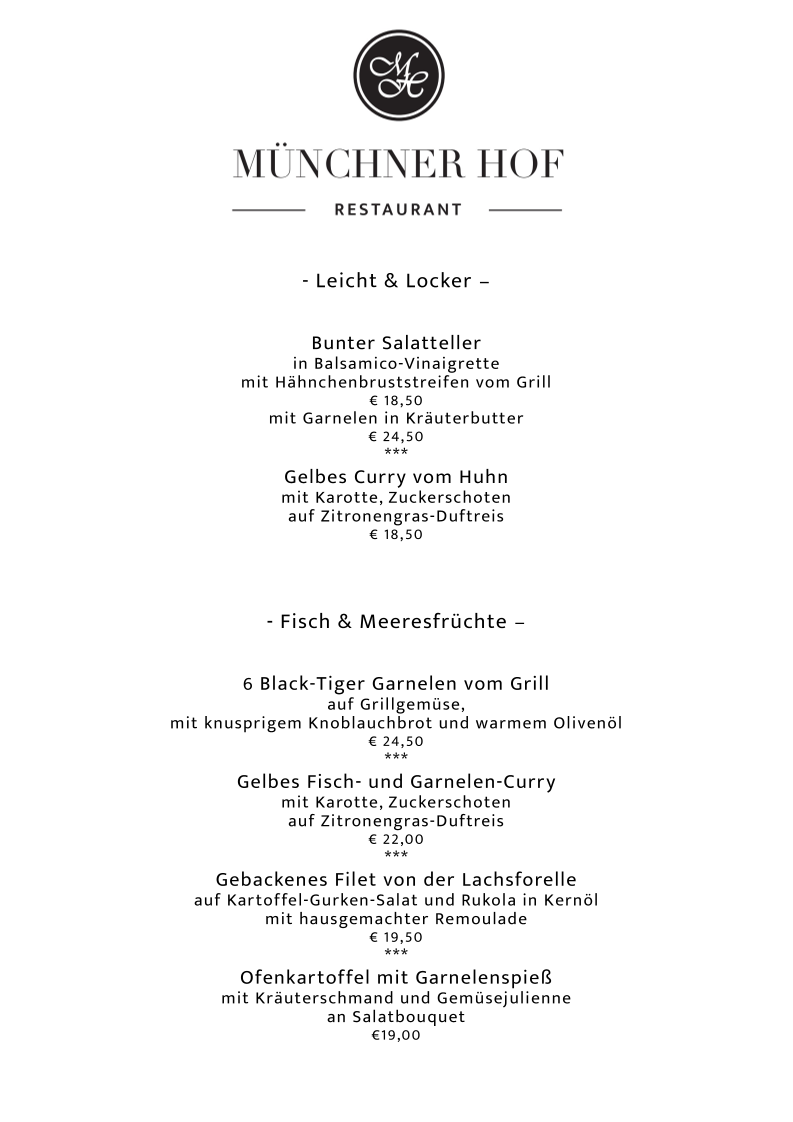 Speisekarte, Restaurant Münchner Hof