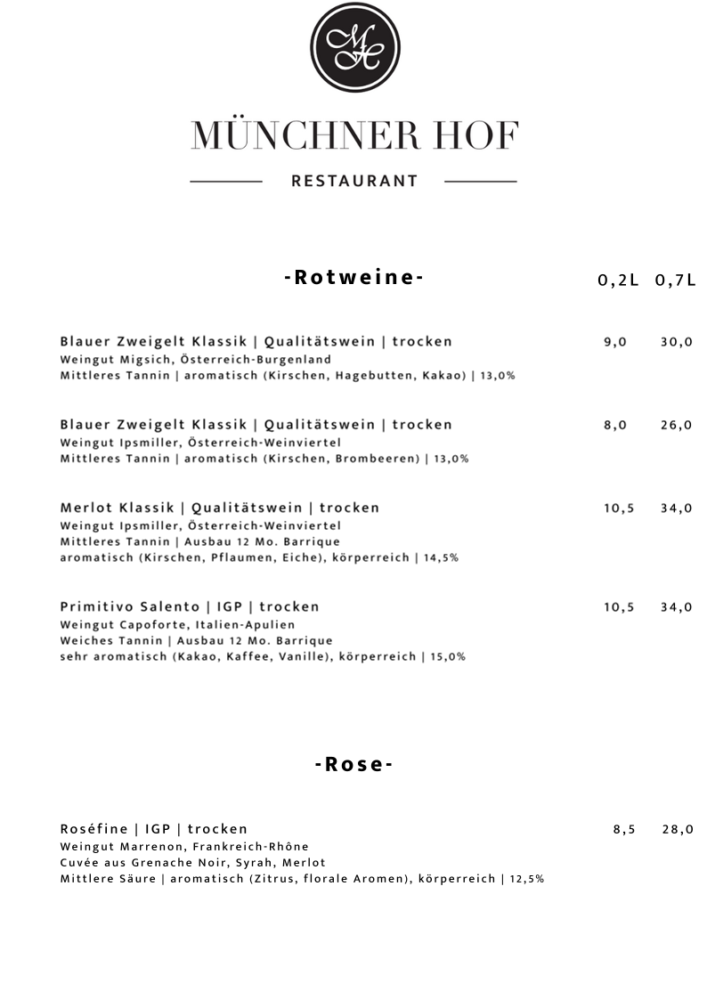 Speisekarte, Restaurant Münchner Hof