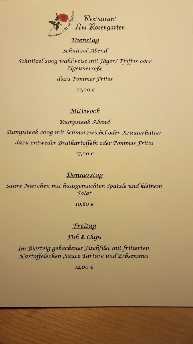 Speisekarte, Am Rosengarten